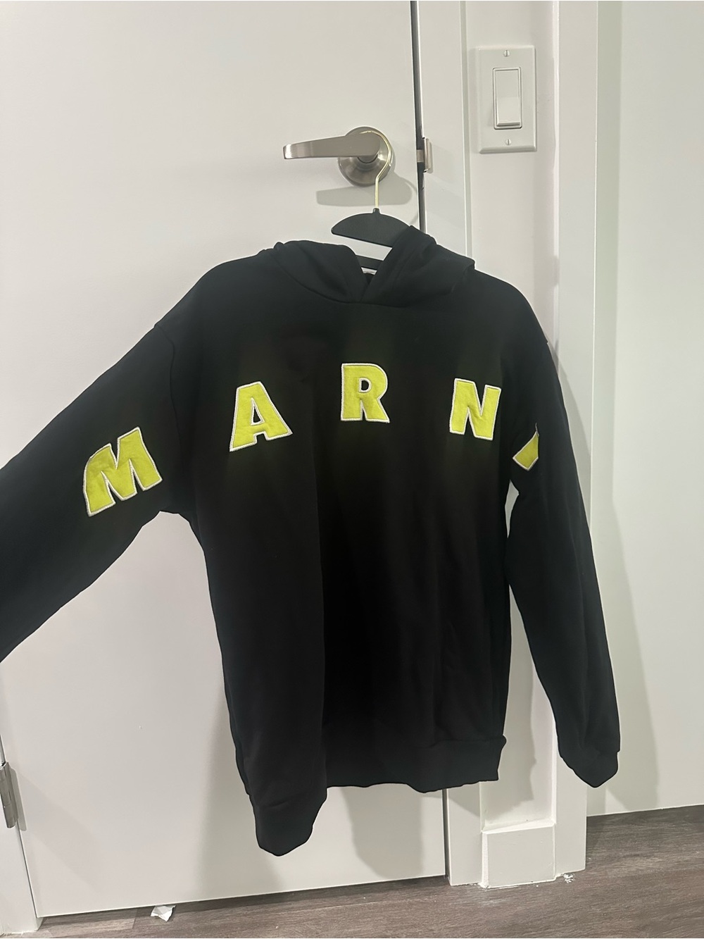 Marni Black Crewneck Hoodie with Neon Yellow Lettering